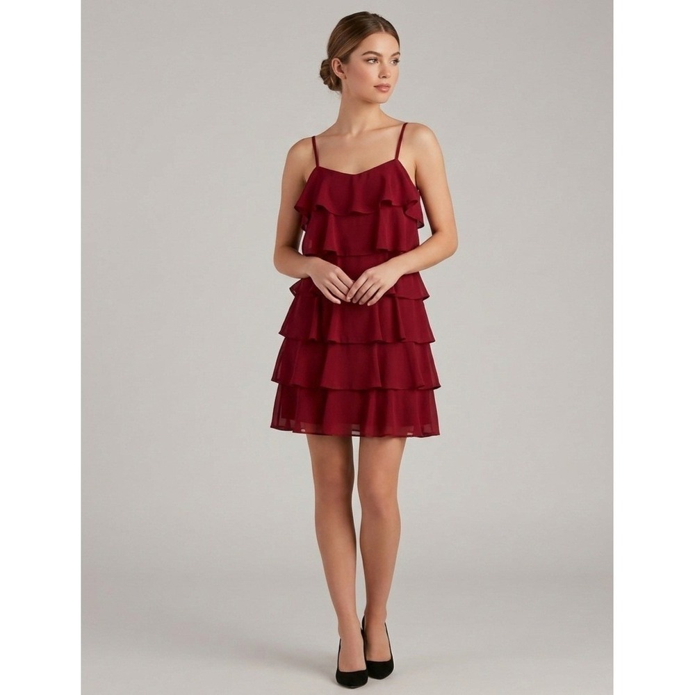 Loft Dress Size 6 Red Tiered Ruffle Chiffon Sleeveless Mini Cocktail Party